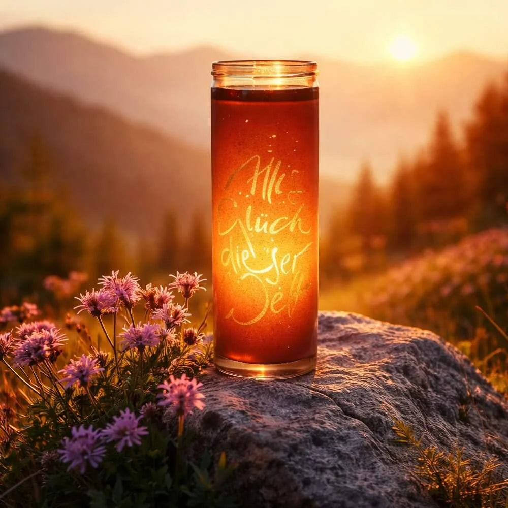 Vegane SignKerze „Alles Glück dieser Welt“ kaufen – handgemachte Duftkerze mit inspirierender Botschaft & 100 Stunden Brenndauer im SignShop.Tirol