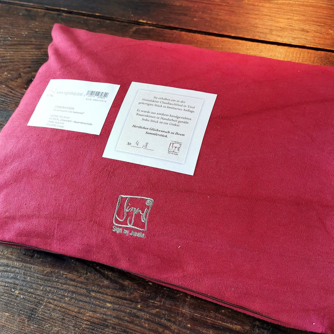 Bauernleinen Zirbenkissen "Herzenswarm und Seelentief"