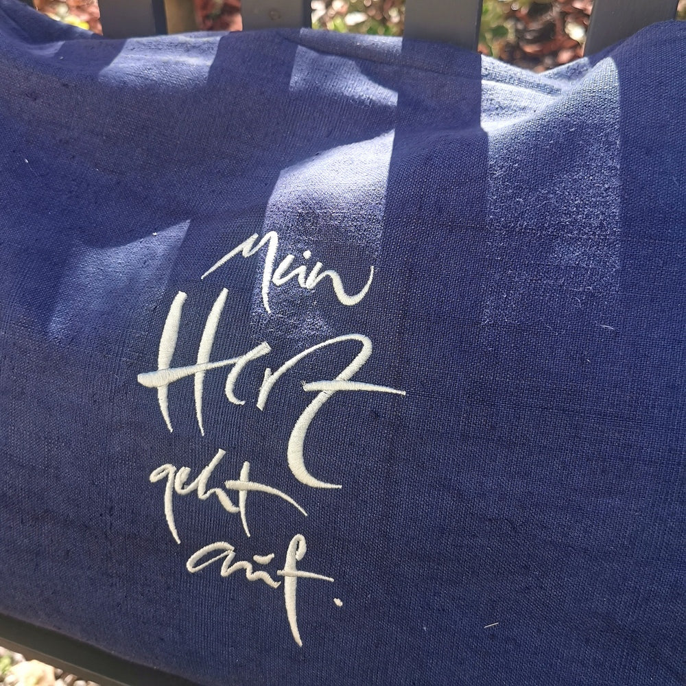 Bauernleinen Zirbenkissen "Mein Herz geht auf"