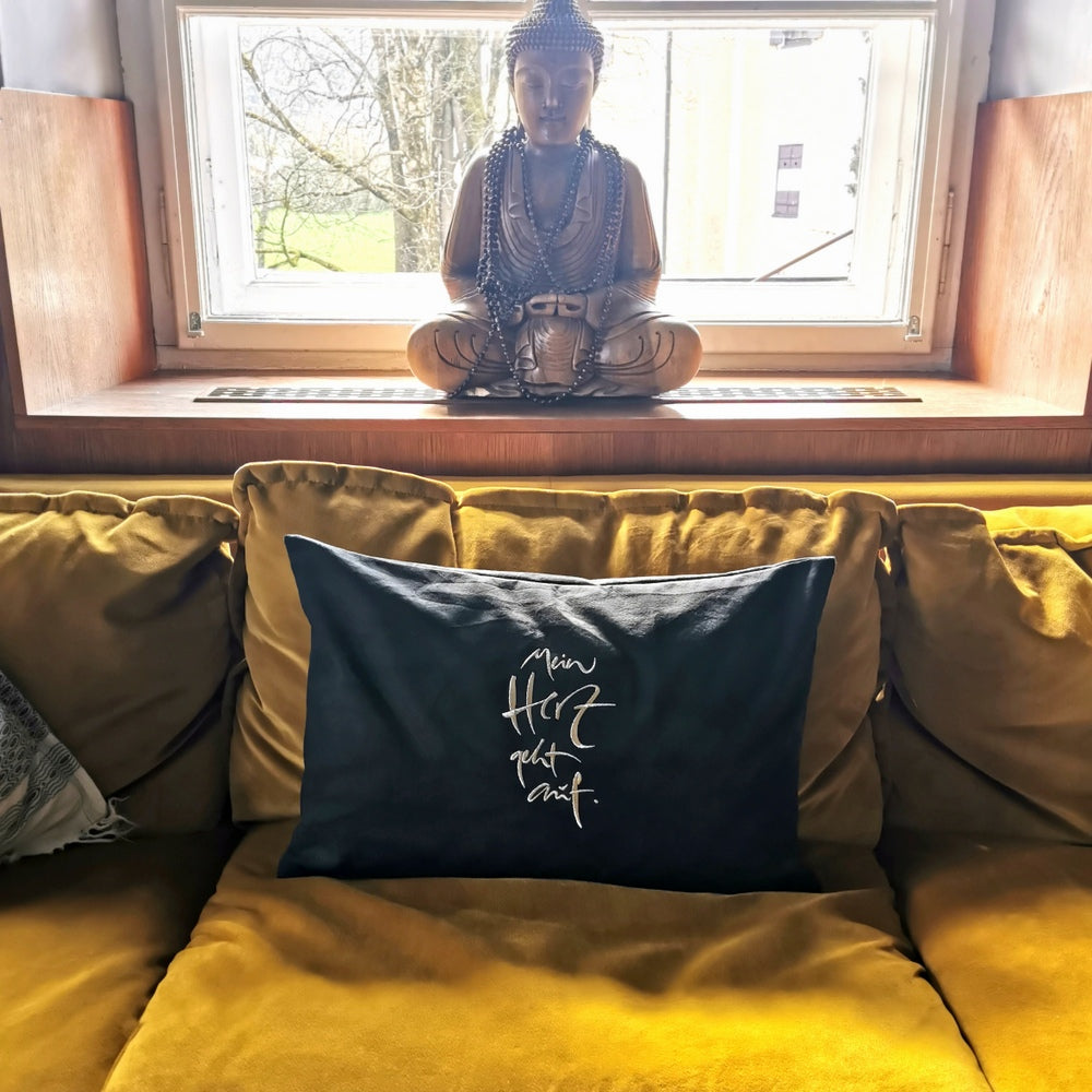 Bauernleinen Zirbenkissen "Mein Herz geht auf" Lurex