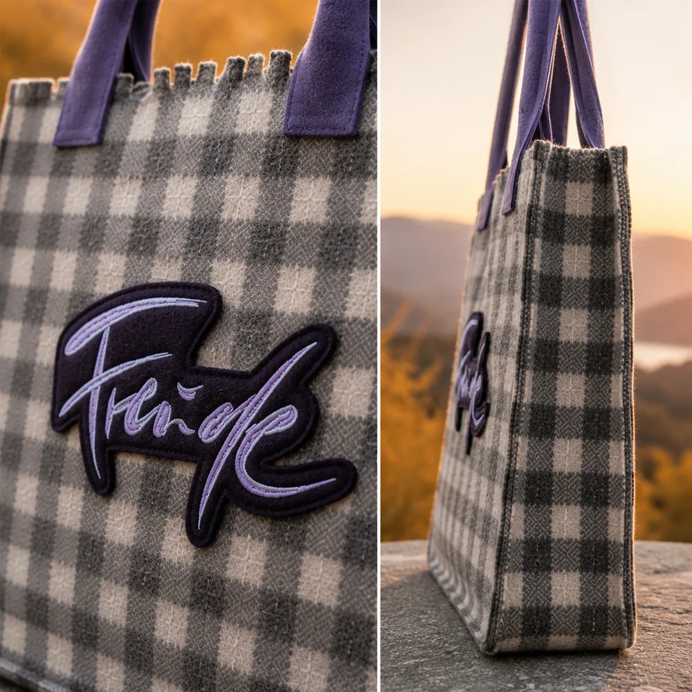 Handgemachte Karo Stofftasche in Lila mit „Freude“ Stickerei und praktischer Innentasche