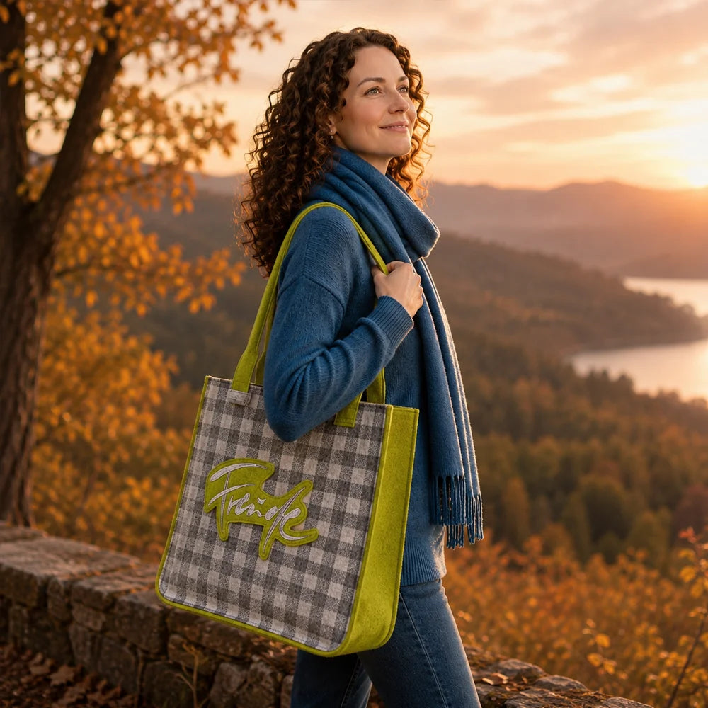 Besondere Tragetasche „Freude“ mit Karo Muster, nachhaltiger Shopper für Alltag, Einkauf und Geschenkideen