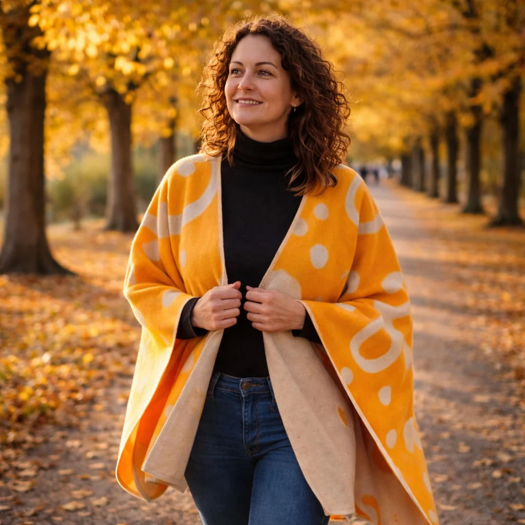 Frau spaziert auf einer Alle im Herbst - Poncho-Decke „Freude“: Geborgenheit, Leichtigkeit und positive Energie vereint – mit inspirierendem Sign by Jwala, weicher Flanellqualität und nachhaltiger Handwerkskunst aus Österreich.