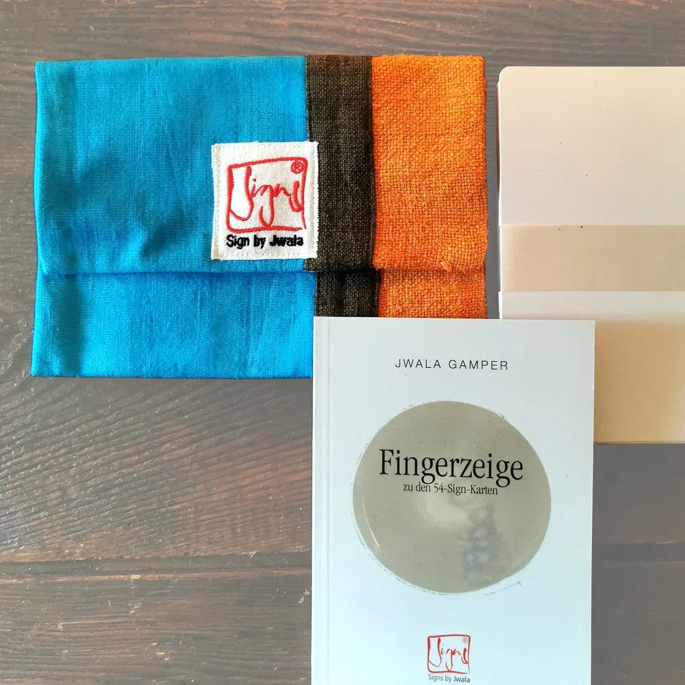Handgefertigtes SignKarten-Set Fingerzeige Braun/Orange/Türkis aus Bauernleinen – spirituelle Karten online bestellen bei SignShop.Tirol