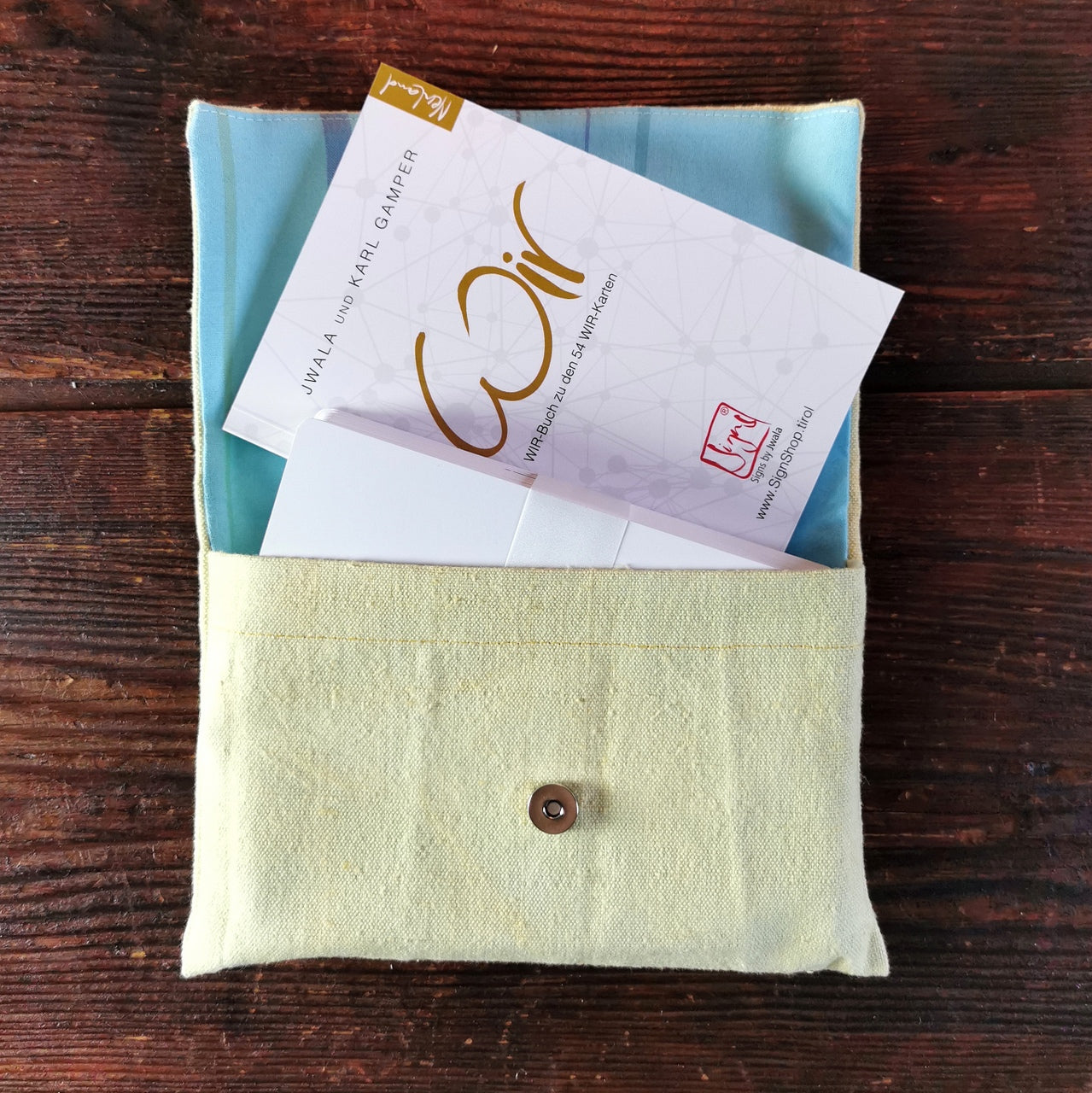 WIR-Karten-Set + WIR-Bauernleinentasche - Hellgelb/Türkis