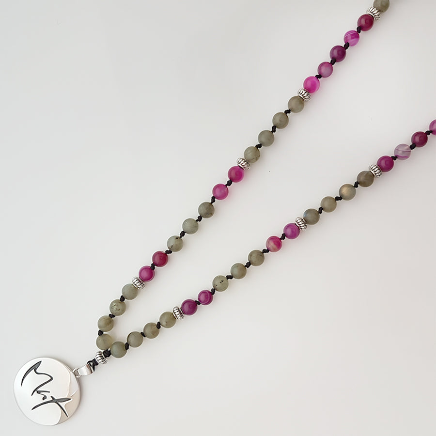 Handgeknüpfte Mala mit Labradorit und pinkem Achat – Für emotionale Heilung sofort bestellen