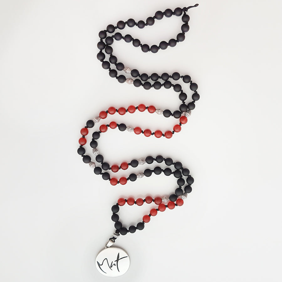 Handgemachte Mala Onyx rot Achat – Spirituelle Kette für Mut & Erdung jetzt sichern