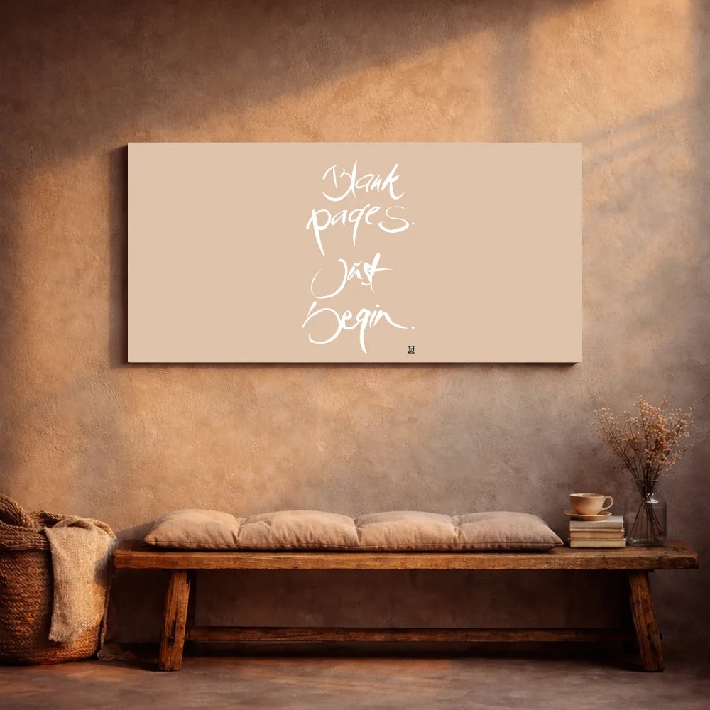 Originaldruck Leinwand „Blank pages. Just begin.“ – SignShop.Tirol, einzigartige Wandkunst mit Fingerzeige Karte, handgemacht, wertvolles Geschenk für Neuanfang und Kreativität
