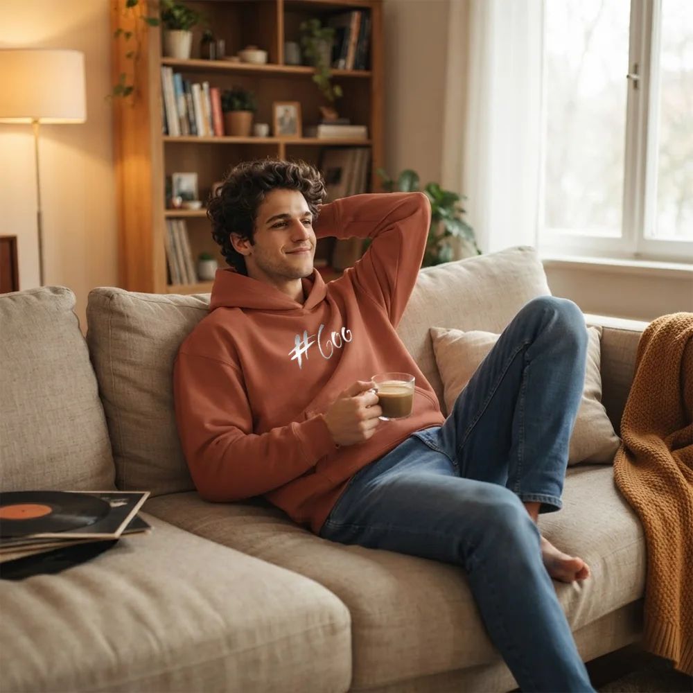 Entspannter Mann sitzt mit einer Kaffeetasse auf dem Sofa und trägt einen terracottafarbenen Kapuzenpullover mit weißem Sign #6oo vom Signshop Tirol.