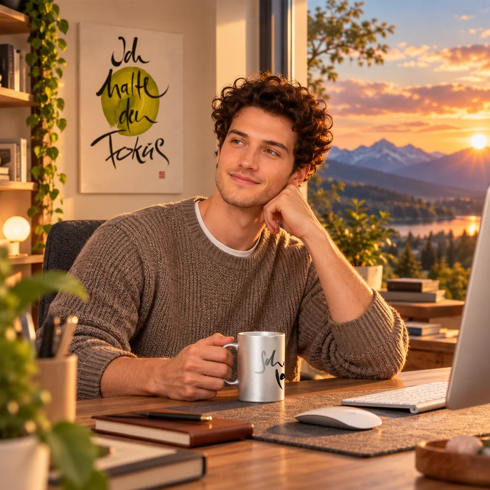 unger Mann am Holzschreibtisch hält eine silberne Metallic-Keramiktasse mit Botschaft von Sign by Jwala® im warmen Abendlicht mit Bergblick.