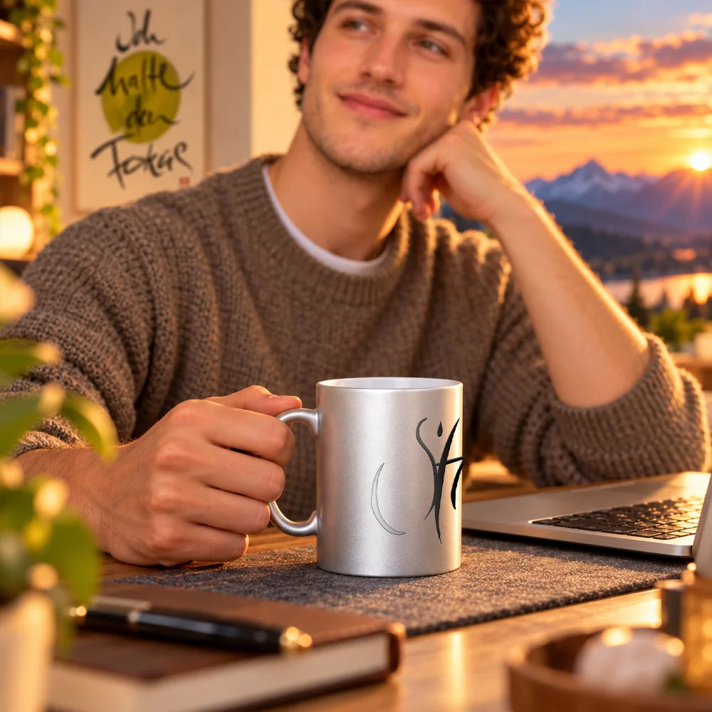 Nahaufnahme einer silber glänzenden Keramiktasse mit schwarzem Sign by Jwala® Symbol, gehalten von einem Mann am Schreibtisch bei Sonnenuntergang.