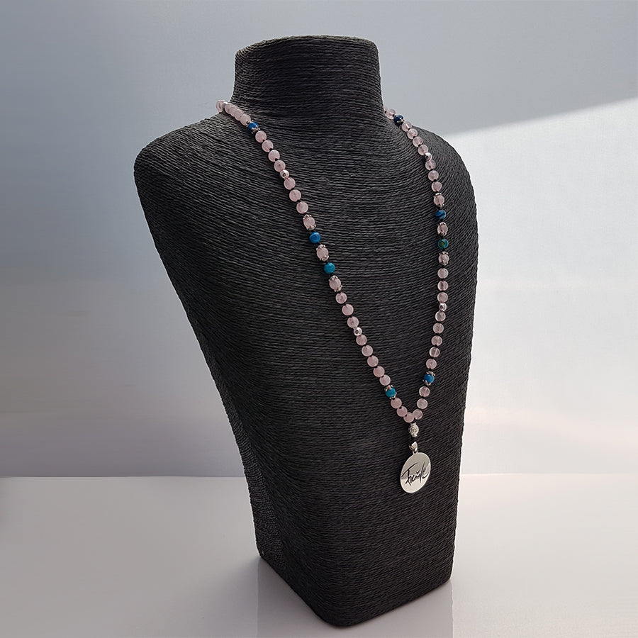 Hochwertige Mala-Kette Rosenquarz blauer Achat – Unikat für Herzöffnung & positive Energie online kaufen