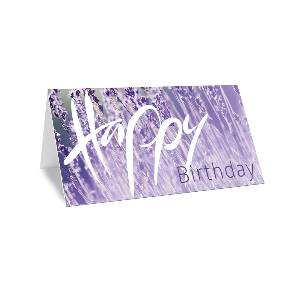 Luxuriöse, handgemachte Klappkarte „Happy Birthday“ zum Geburtstag in Flieder oder Lila personalisiert kaufen – Exklusive Geburtstagskarte mit individueller Widmung und hochwertigem Design online im SignShop Tirol bestellen – Premium, einzigartige Karte als besondere Geschenkidee für anspruchsvolle Menschen