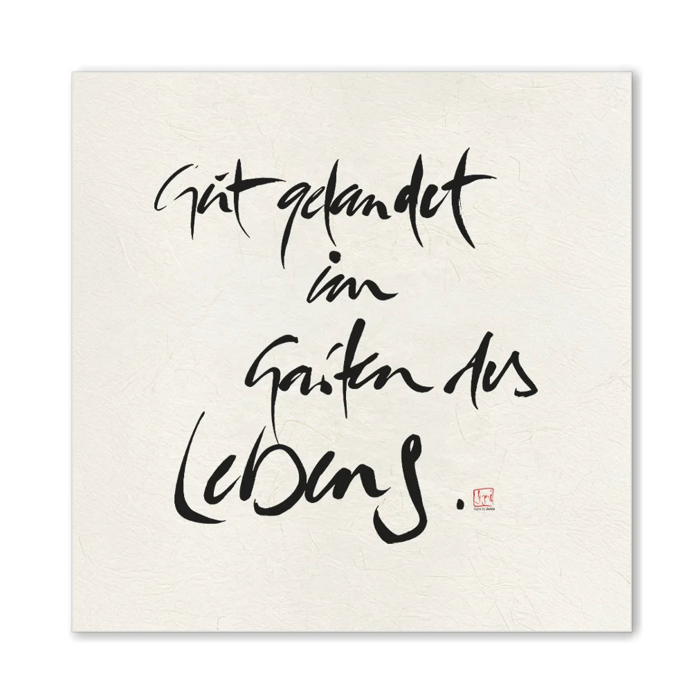 Handgemachtes Leinwandbild „Gut gelandet im Garten des Lebens“ – Originaldruck, Sign by Jwala®, inspirierende Wanddekoration, limitiertes Kunstwerk