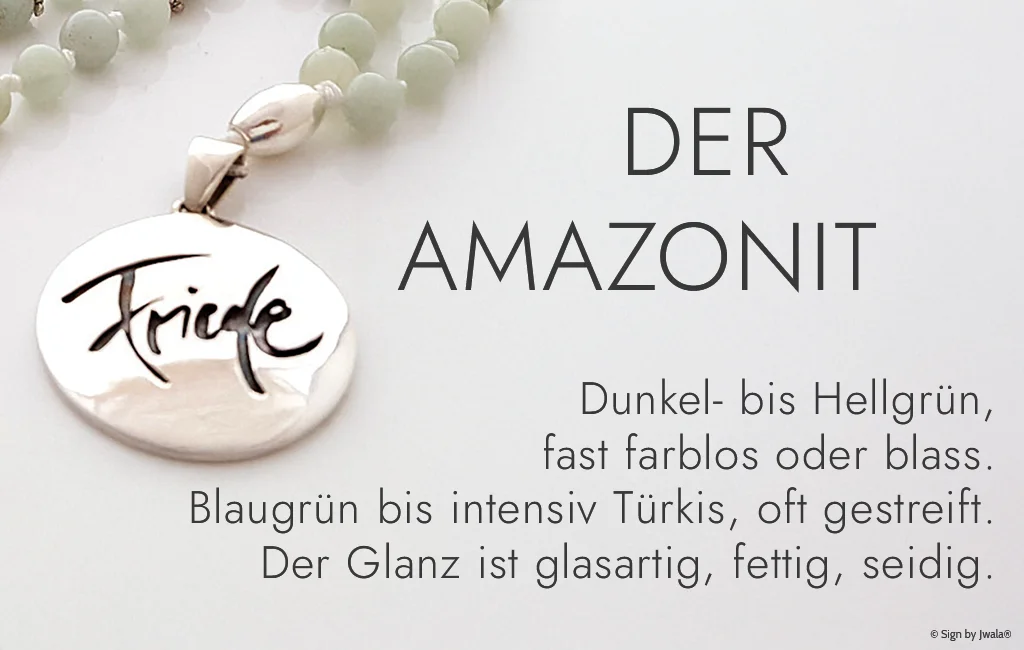 Amazonit: Von dunkel- bis hellgrün, fast farblos, blaugrün bis intensiv türkis, oft gestreift. Der Glanz wirkt glasartig, fettig oder seidig.