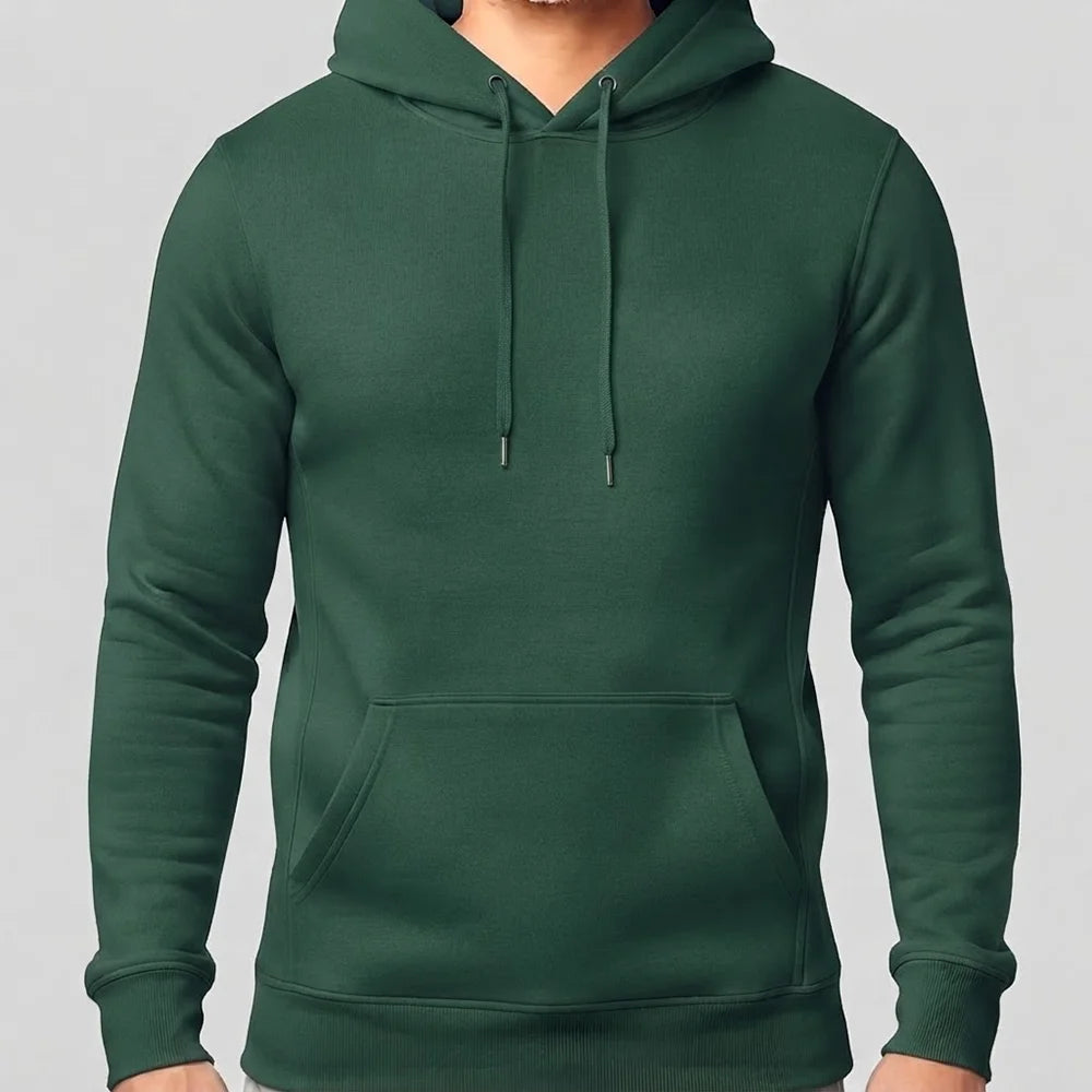 Produktansicht eines einfarbigen Herren-Kapuzenpullovers in DBottele green ohne Sign vor neutralem Hintergrund