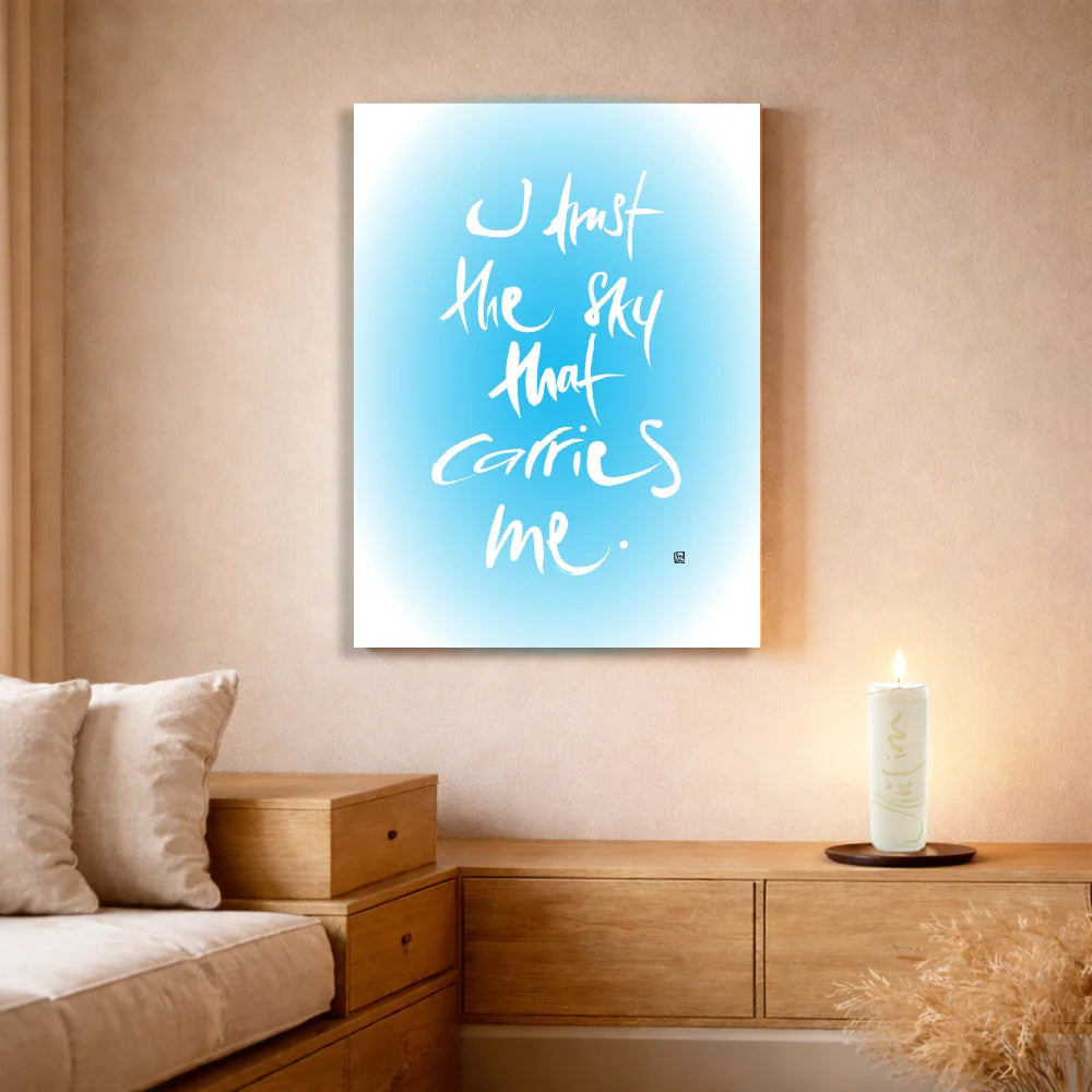 Originaldruck Leinwand „I trust the sky that carries me.“ – SignShop.Tirol, einzigartige Wandkunst mit Fingerzeige Karte, handgemacht, wertvolles Geschenk für Vertrauen und Zuversicht