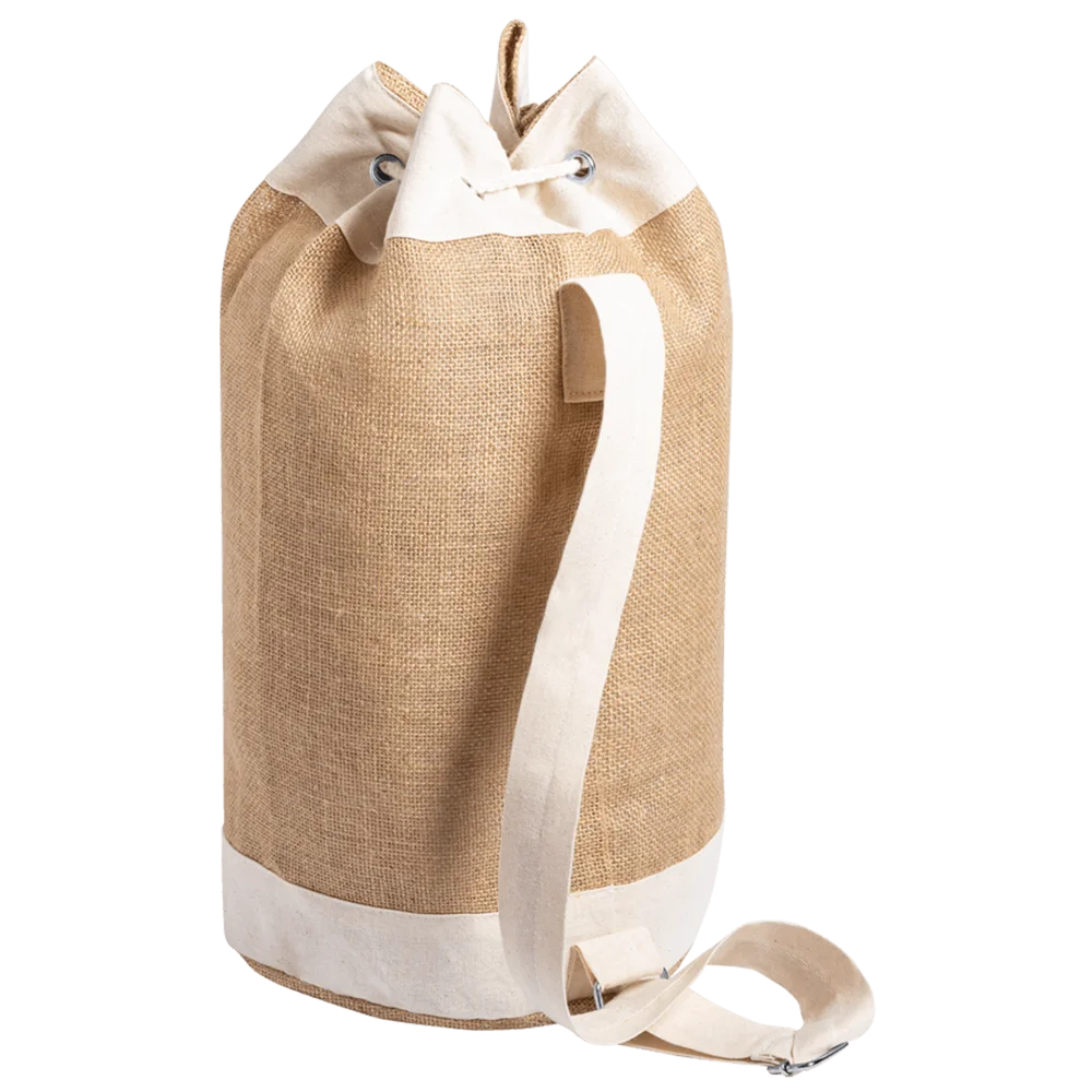 Rückseite des Jute-Seesacks aus Baumwolle und Jute mit verstellbarem Schultergurt