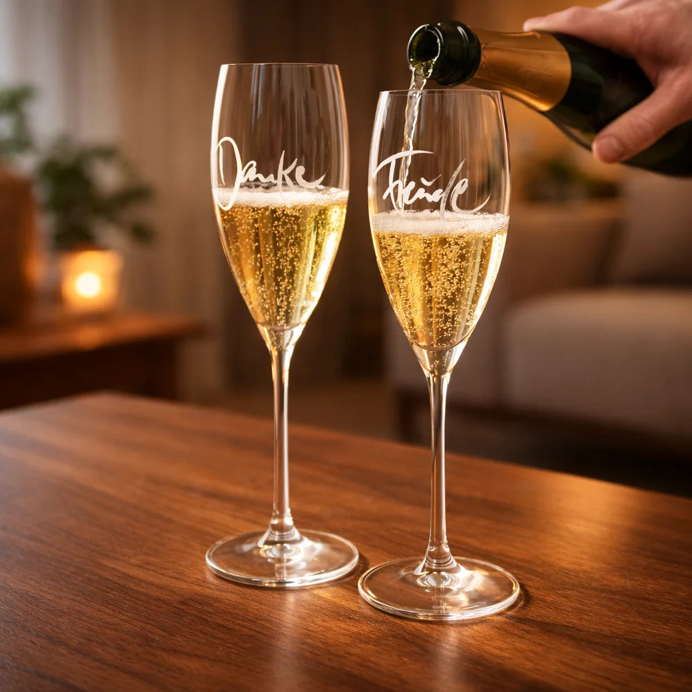 Hochwertiges Geschenk-Set mit zwei Riedel-Champagner-Gläsern, WIR-Karten und handgenähter Stofftasche – sicher im SignShop Tirol bestellen