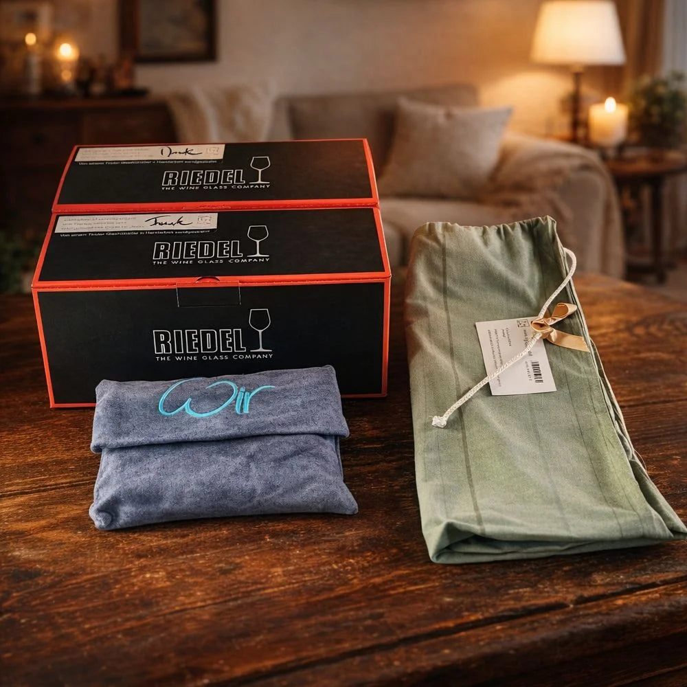 Luxus Champagner-Set kaufen: Zwei Riedel-Gläser, WIR-Karten in blauer Batik-Bauernleinentasche – SignShop Tirol, limitierte Auflage