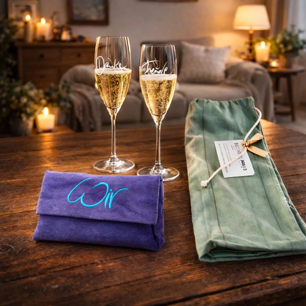 Exklusives Festtags-Set online kaufen – Riedel-Champagner-Gläser, WIR-Karten & handgefertigte Batik-Bauernleinentasche im SignShop Tirol