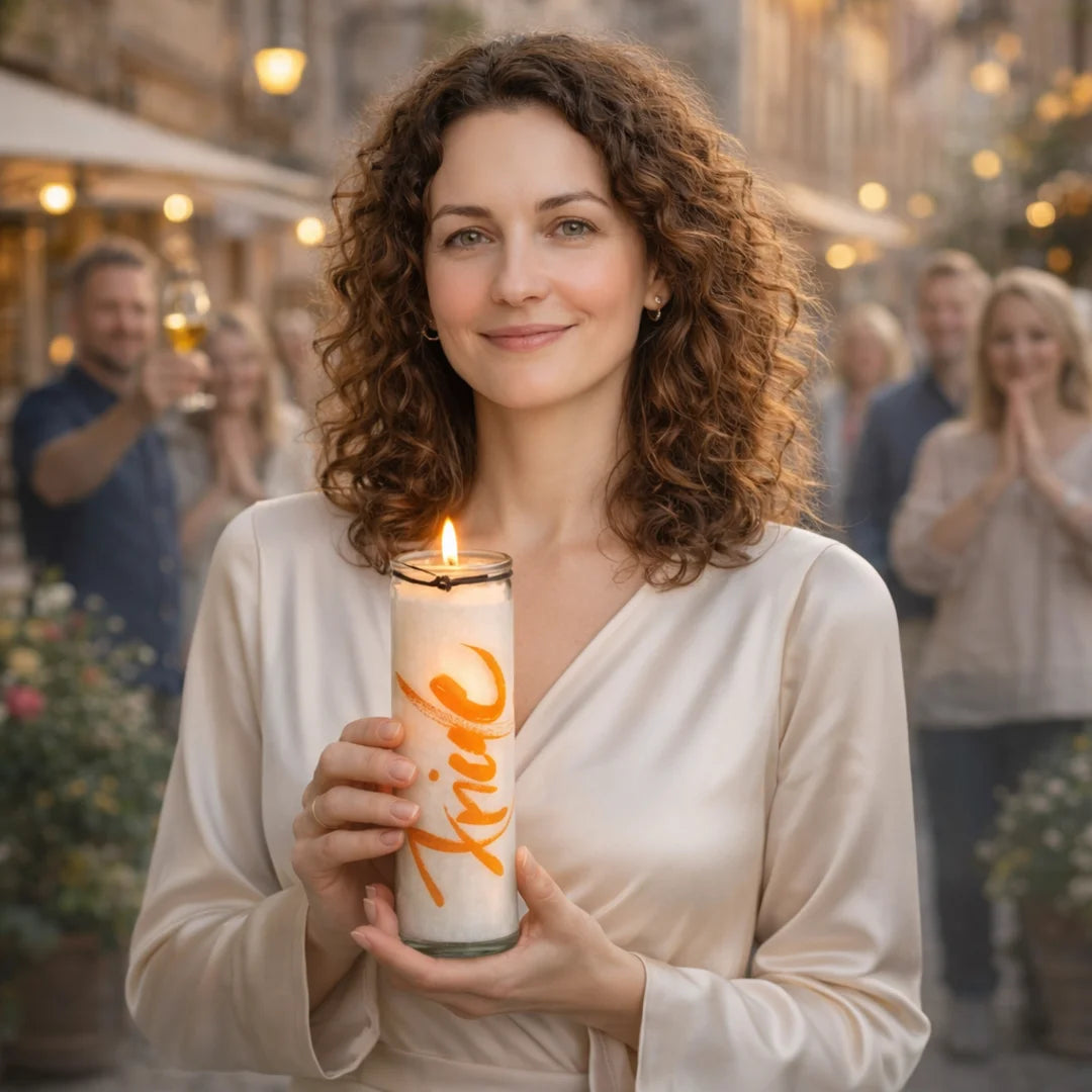 SignKerze „Friede“ – Vegane, duftfreie Kerze mit Friedensbotschaft, spirituelles Geschenk, Zero-Waste, im SignShop Tirol online kaufen