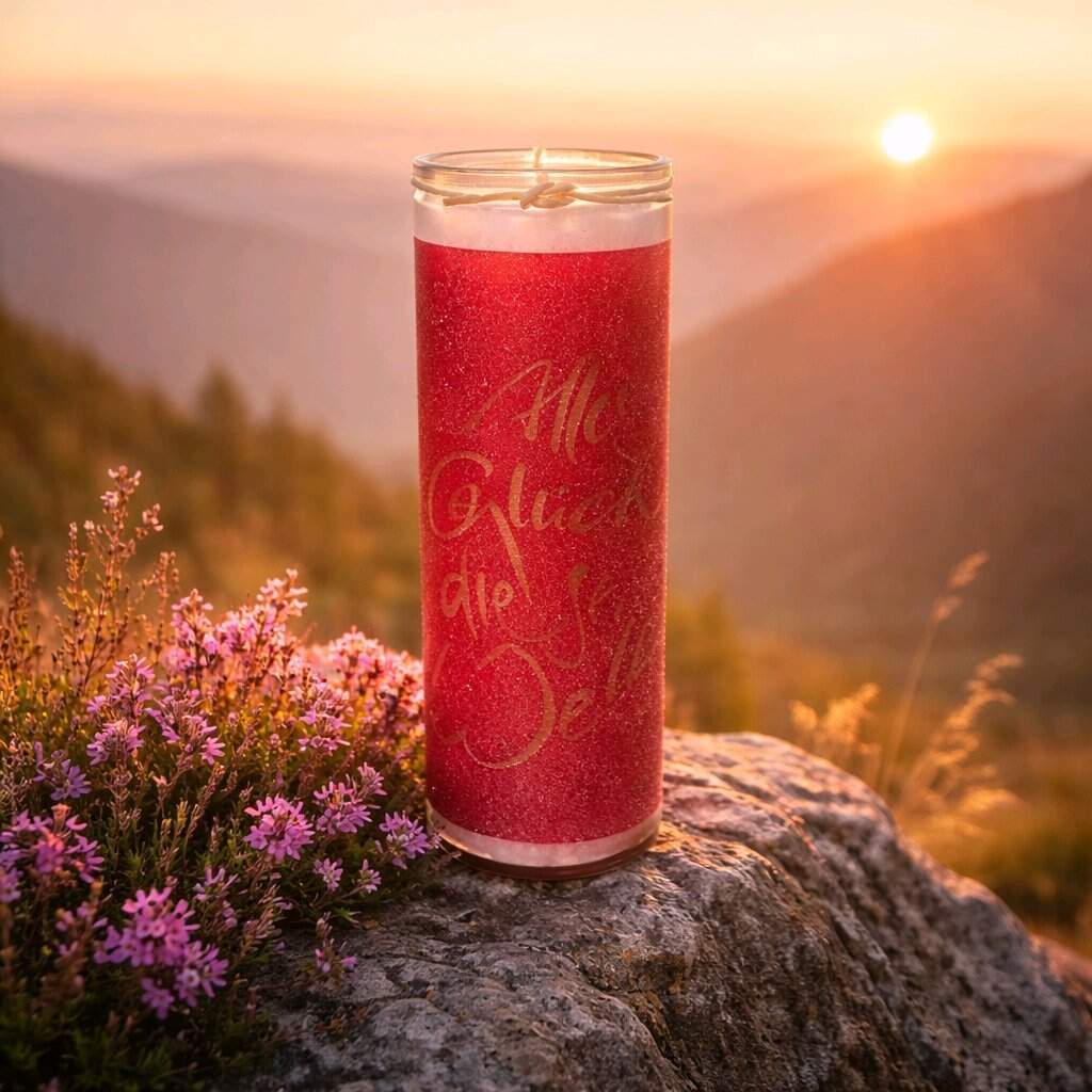 Handveredelte, duftfreie SignKerze „Alles Glück dieser Welt“ im Glas – Rot-orange leuchtende Kerze mit inspirierender Botschaft, auf einem Felsen bei Sonnenuntergang fotografiert, exklusiv im SignShop Tirol online kaufen