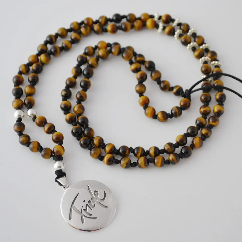 Exklusive Tigerauge-Mala „Friede“ – handgeknüpfte Meditationskette, Original von Sign by Jwala®, Limited Edition, hochwertiger Edelsteinschmuck für innere Stärke und Harmonie