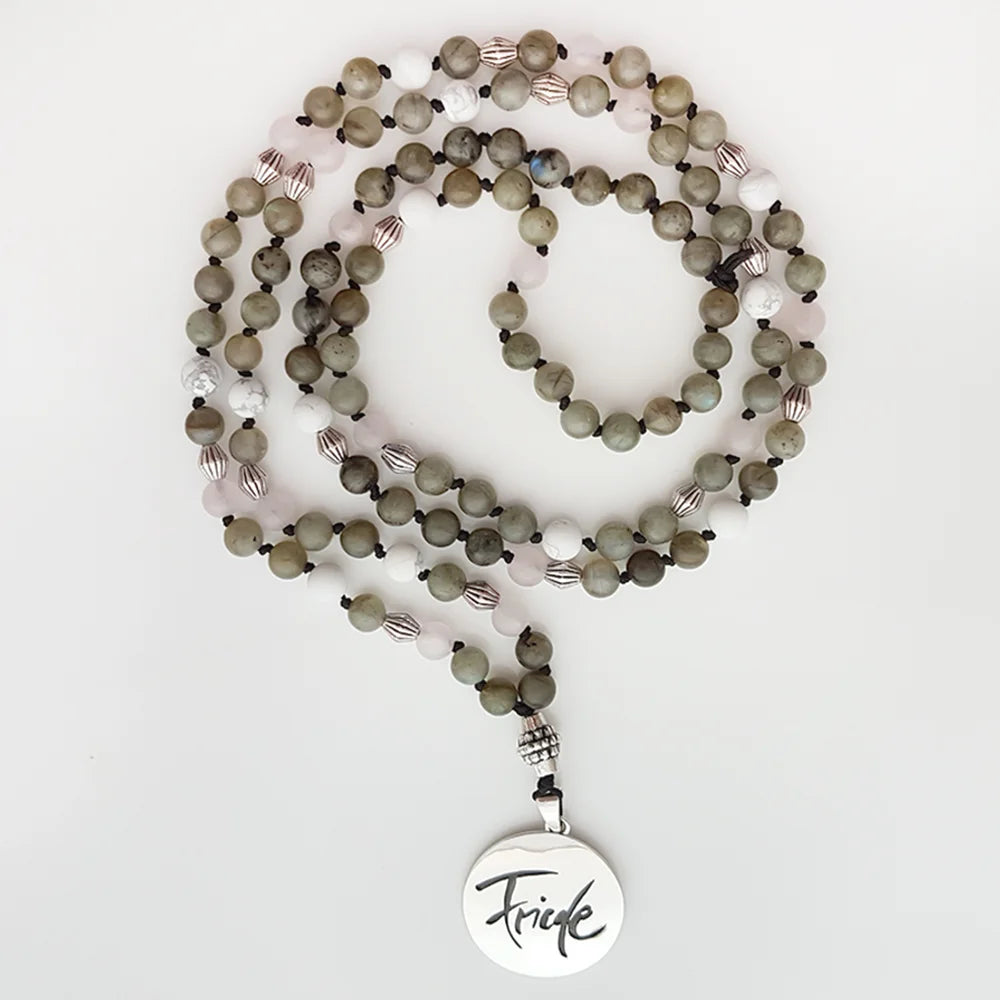 Exklusive Friede-Mala Labradorit & Howlith – handgefertigte Meditationskette, Original von Sign by Jwala®, Limited Edition, hochwertiger Edelsteinschmuck für Frieden und Harmonie