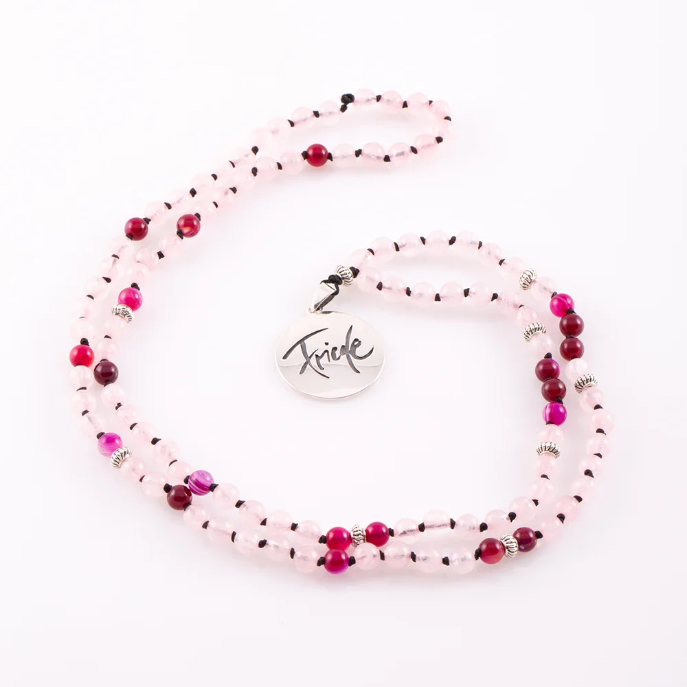 Spirituelle Mala Rosenquarz/Achat rot – Originaldruck von Sign by Jwala®, Premium-Qualität, handgefertigte Meditationskette, Unikat für Energie und Lebensfreude