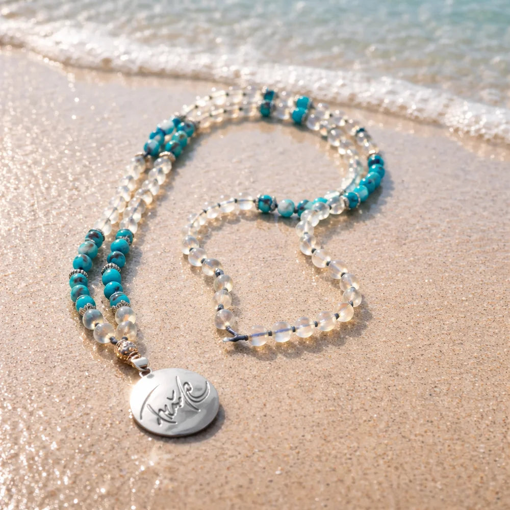 Exklusive Freude Mala Mondstein Türkis – handgefertigte Gebetskette, jetzt sicher im SignShop Tirol erwerben