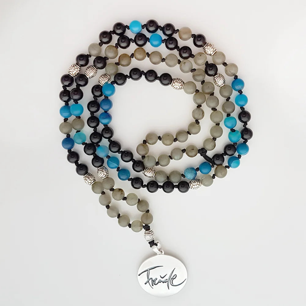 Exklusive Freude-Mala Onyx, blauer Achat & Labradorit – handgefertigte Meditationskette, Original von Sign by Jwala®, Limited Edition, hochwertiger Edelsteinschmuck für Schutz und innere Klarheit