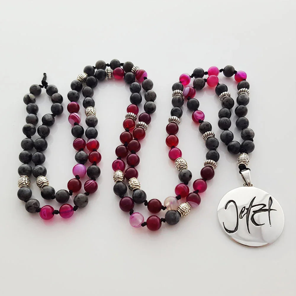Handgemachte Jetzt-Mala Roter Achat/Labradorit – Original von Sign by Jwala®, limitiertes Einzelstück, hochwertige Edelstein-Kette für Energie, Schutz und innere Stärke