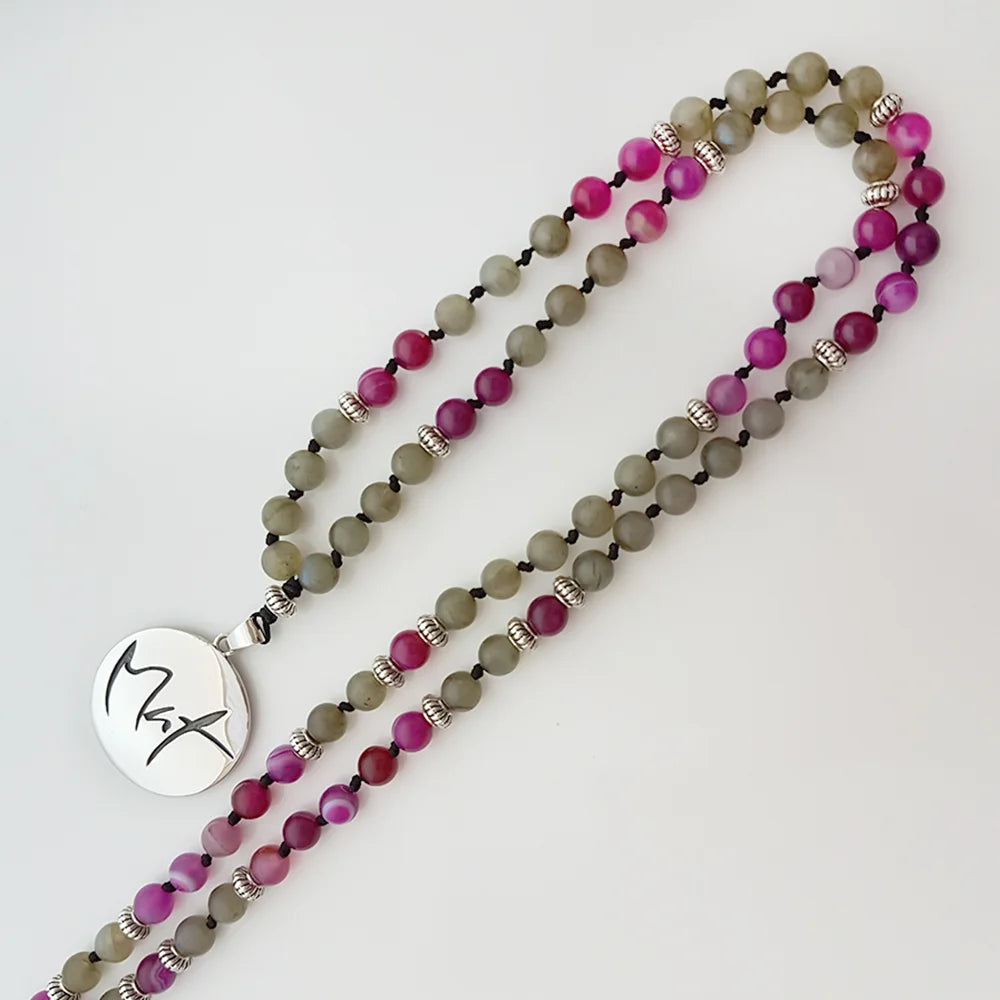 Luxus Mala „Mut“ Labradorit & pinker Achat – Sign by Jwala®, exklusive Meditationskette, liebevoll gefertigt, Premium-Qualität für emotionale Balance und Selbstvertrauen
