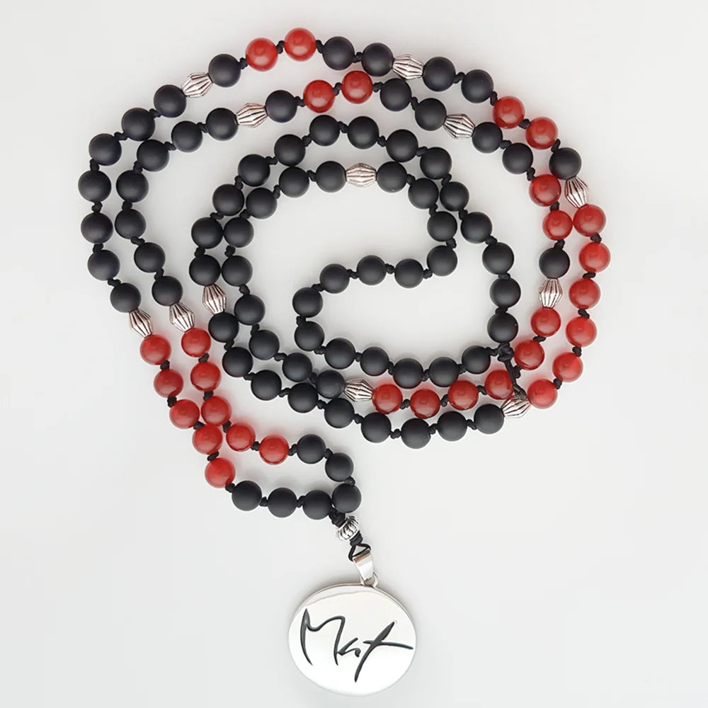 Exklusive Mut-Mala Schwarzer Onyx & Achat Rot – handgefertigte Meditationskette, Original von Sign by Jwala®, Limited Edition, hochwertiger Edelsteinschmuck für Stärke und Selbstvertrauen