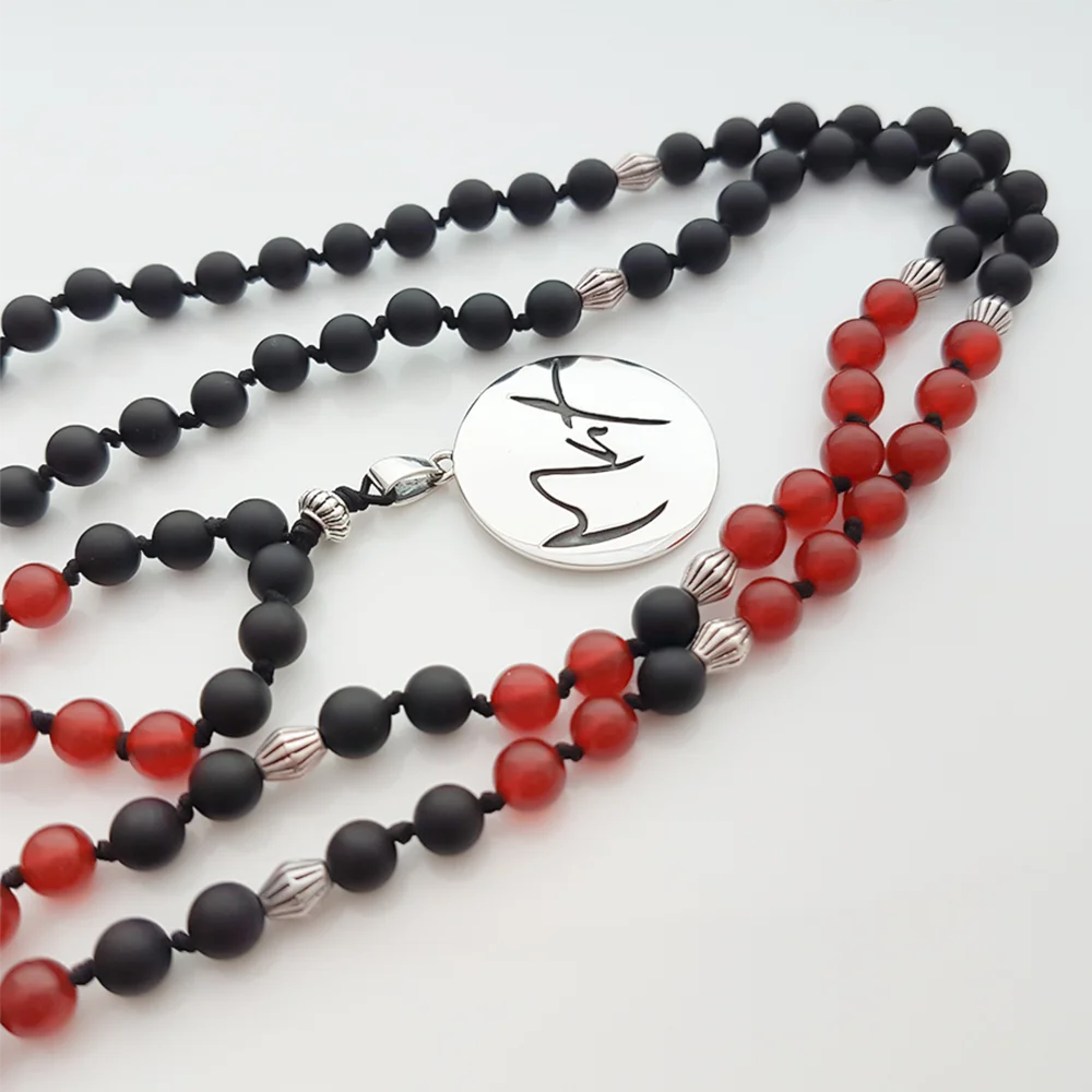 Premium Mala „Mut“ aus Schwarzem Onyx und rotem Achat – Sign by Jwala®, edle Handarbeit, Unikat, exklusives Schmuckstück für Motivation, Energie und innere Kraft