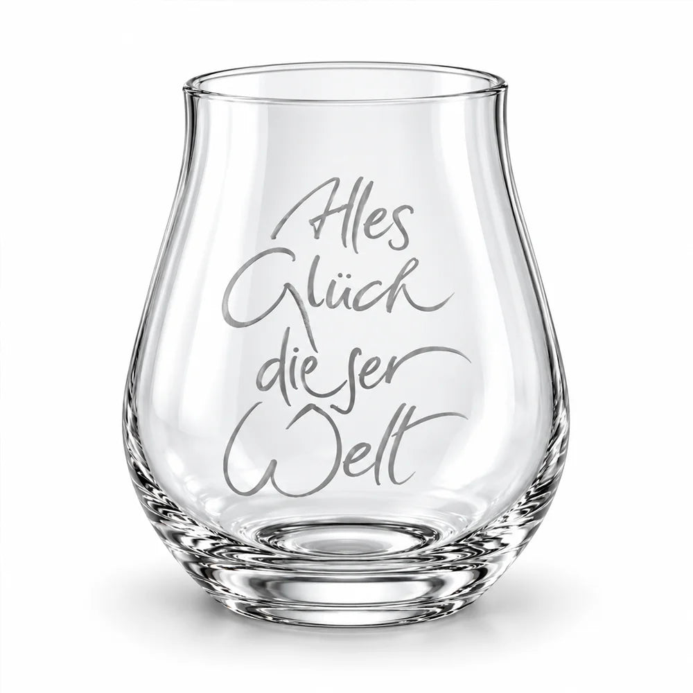 Das Sign-Glas von Riedel mit der Aufschrift „Alles Glück dieser Welt“ freigestellt auf einem rein weißen Hintergrund, wodurch die feine Glasgravur besonders deutlich wird.