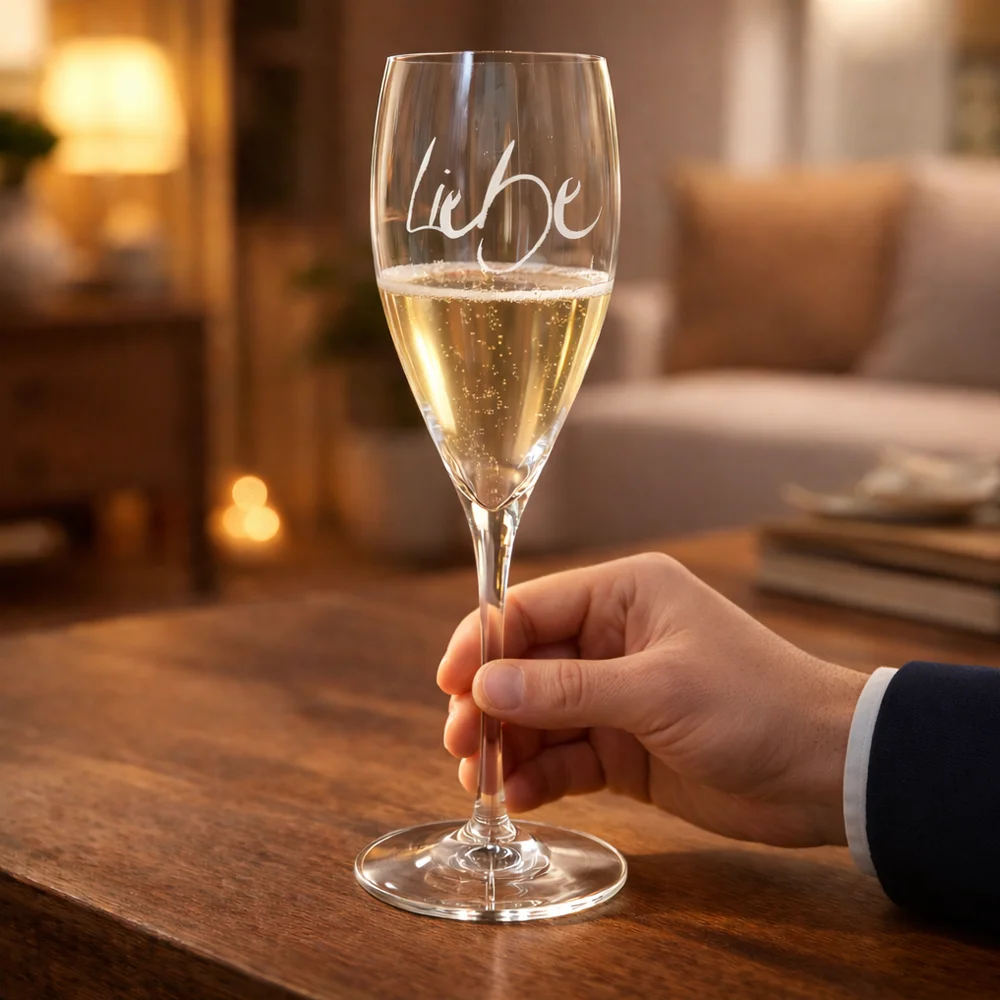 Luxuriöses Champagnerglas „Liebe“ mit exklusiver Gravur online im SignShop Tirol kaufen – Premium Glas für Hochzeiten, Jubiläen und besondere Anlässe