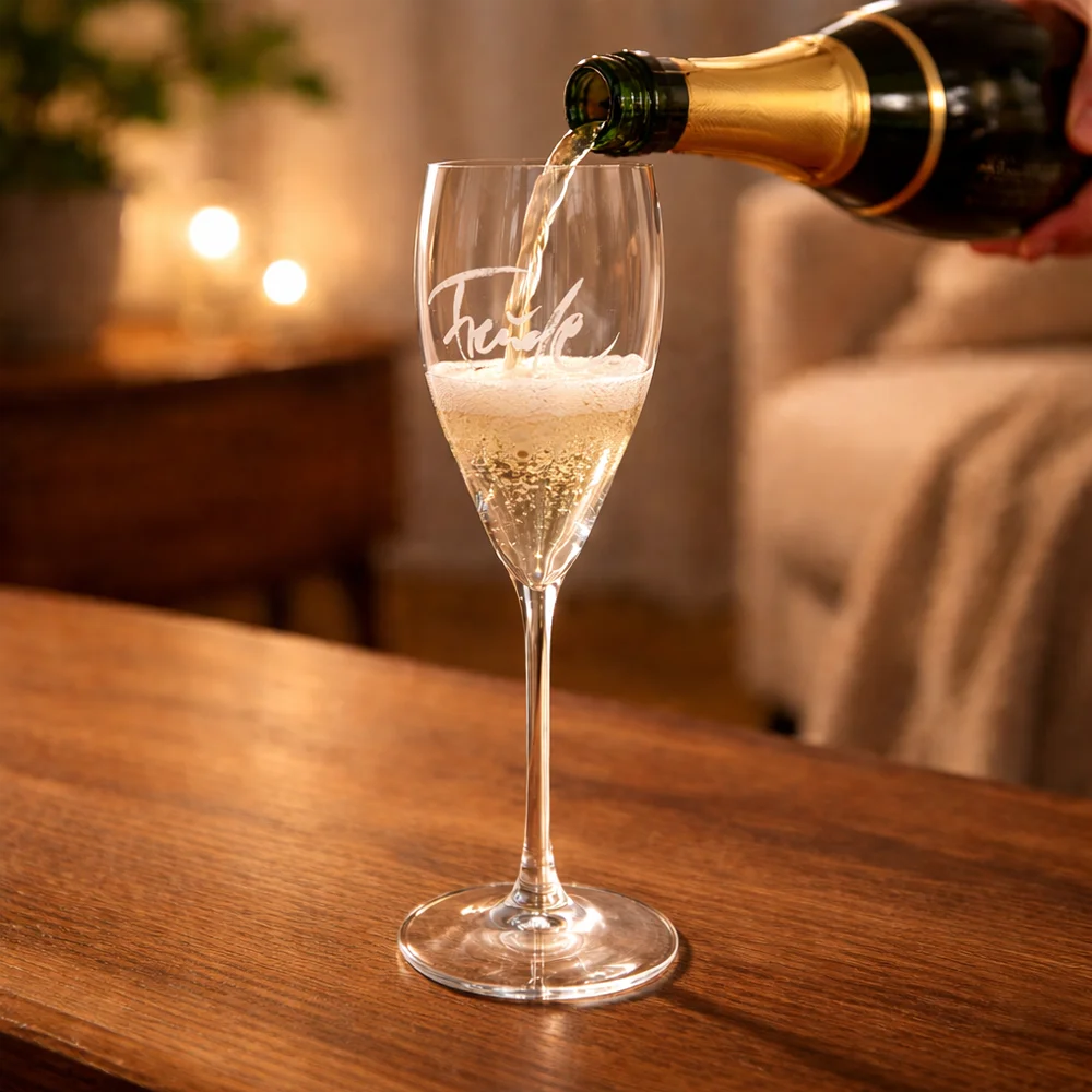 Exklusives Designer-Champagnerglas „Freude“ kaufen – Hochwertiges Luxusglas mit außergewöhnlicher Gravur online im SignShop Tirol bestellen – Edles Geschenk für anspruchsvolle Genießer und Genießerinnen