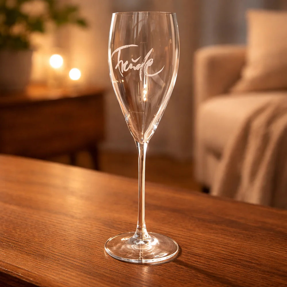 Luxuriöses Champagnerglas „Freude“ mit exklusiver Gravur online im SignShop Tirol kaufen – Premium Glas für festliche Anlässe, Hochzeiten und besondere Momente
