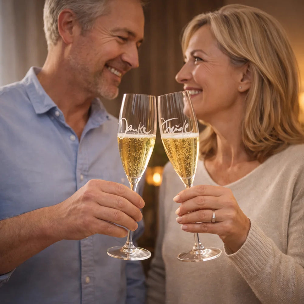 Hochwertige, gravierte Champagnergläser „Freude“ und „Danke“ – Exklusives Luxusglas online im SignShop Tirol bestellen – Edles Präsent für festliche Anlässe und besondere Feierlichkeiten