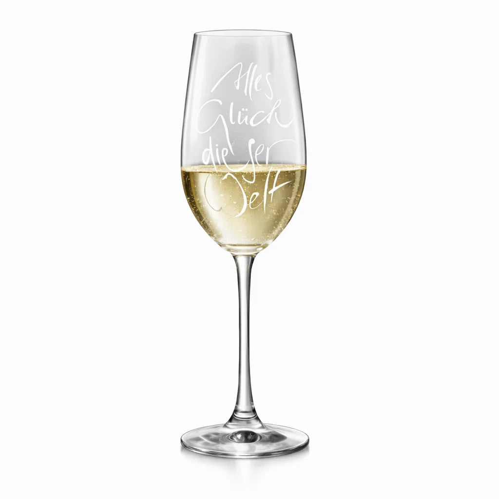 Besonderes Kristallglas mit gravierter Glücksbotschaft, hergestellt in Rattenberg/Tirol – liebevoll gestaltet, spülmaschinengeeignet und im Original Riedel-Karton verpackt