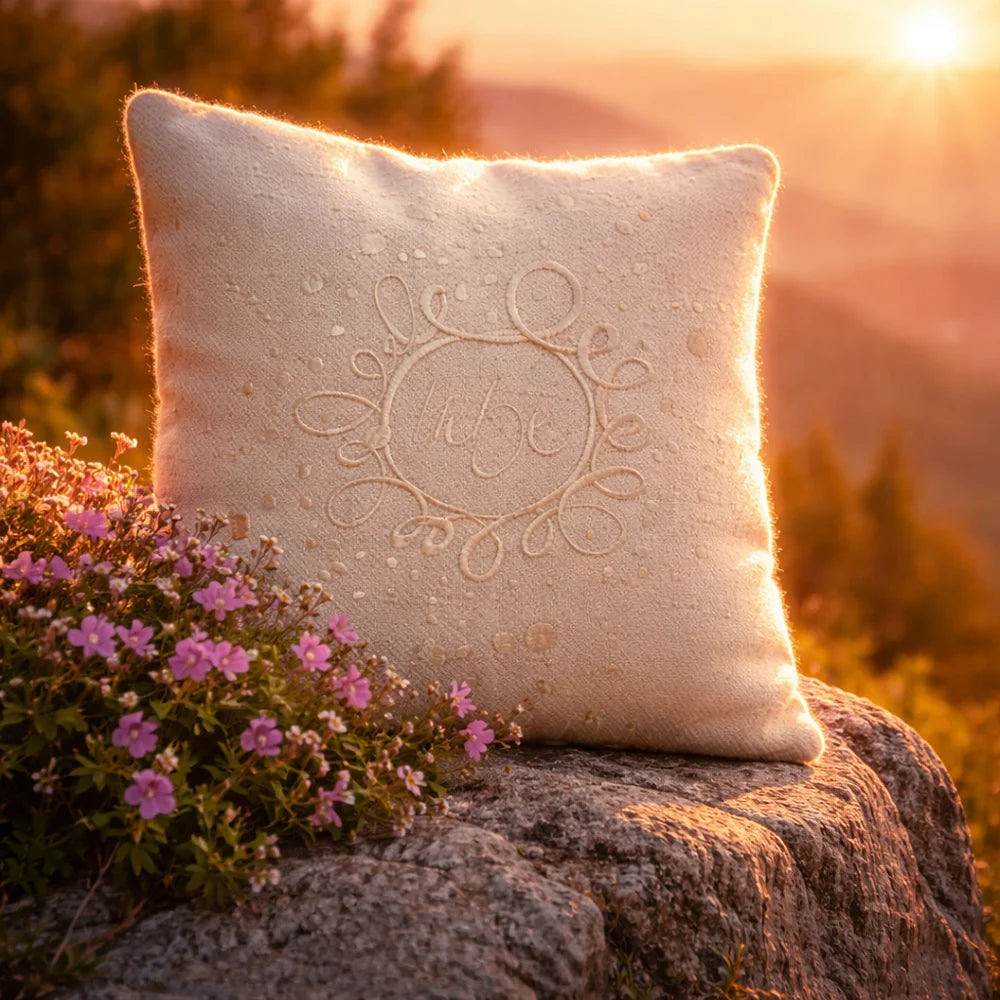 Luxus Zirbenkissen „Liebe Ornament“ 50x50 – Sign by Jwala®, exklusive Handarbeit, Bauernleinen aus Tirol, Einzelstück, Premium-Kissen für erholsamen Schlaf