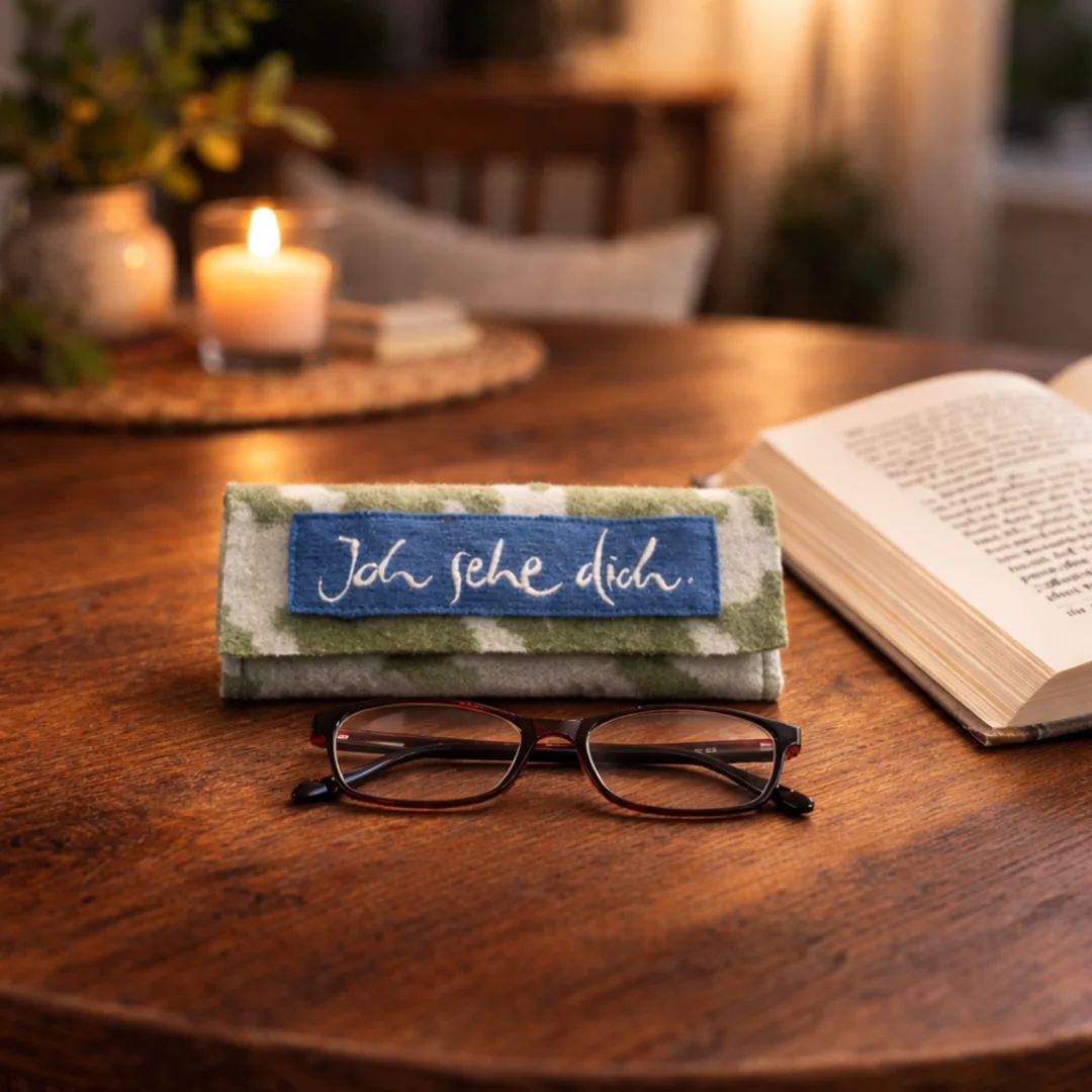 Brillentasche „Ich sehe dich“ – Handgemachtes Etui aus Hahnentritt-Grün, mit inspirierender Stickerei, exklusiv im SignShop Tirol online kaufen