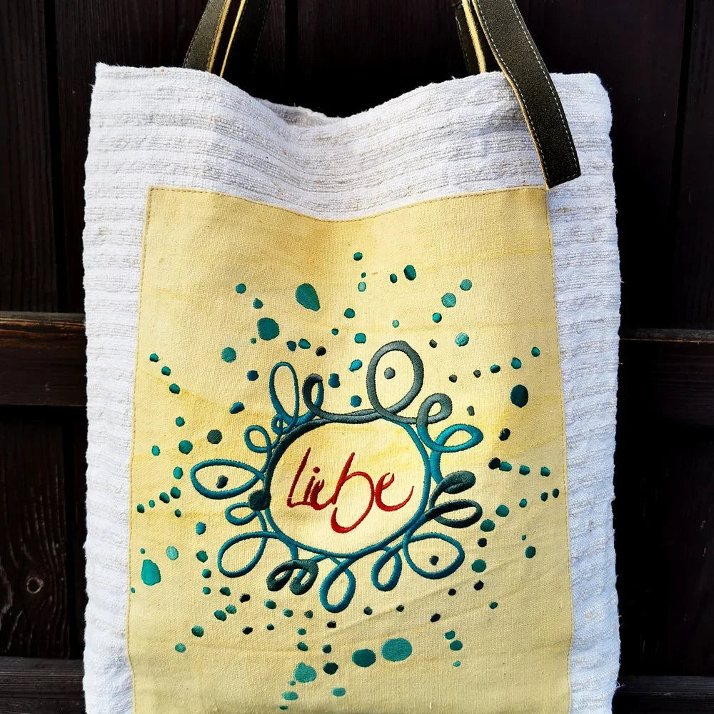 Premium Schultertasche „Liebe“ Bauernleinen & Hirschleder – Sign by Jwala®, edle Handarbeit, Unikat, besondere Tragetasche für Alltag, Freizeit und besondere Anlässe