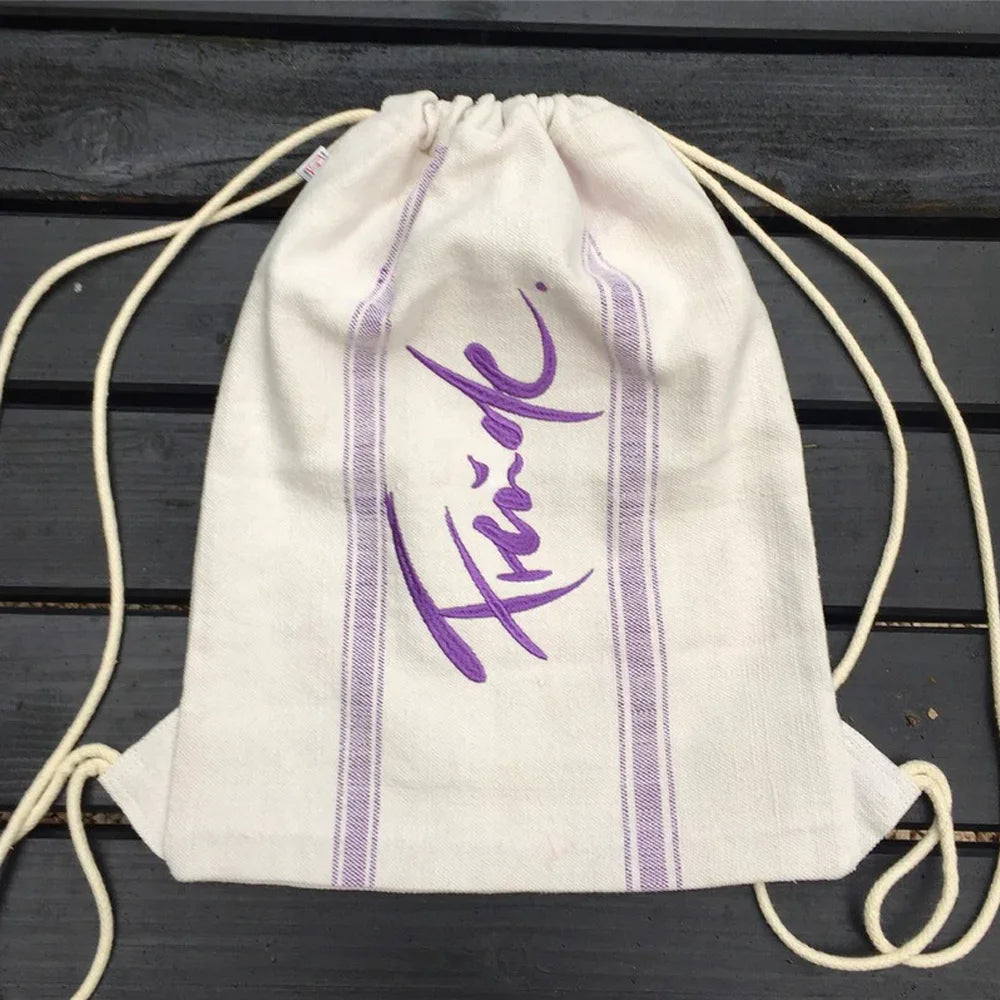 Exklusiver Turnbeutel-Rucksack „Freude“ aus Bauernleinen – handgenäht, Original von Sign by Jwala®, Limited Edition, einzigartiger spiritueller Begleiter für Alltag und Abenteuer