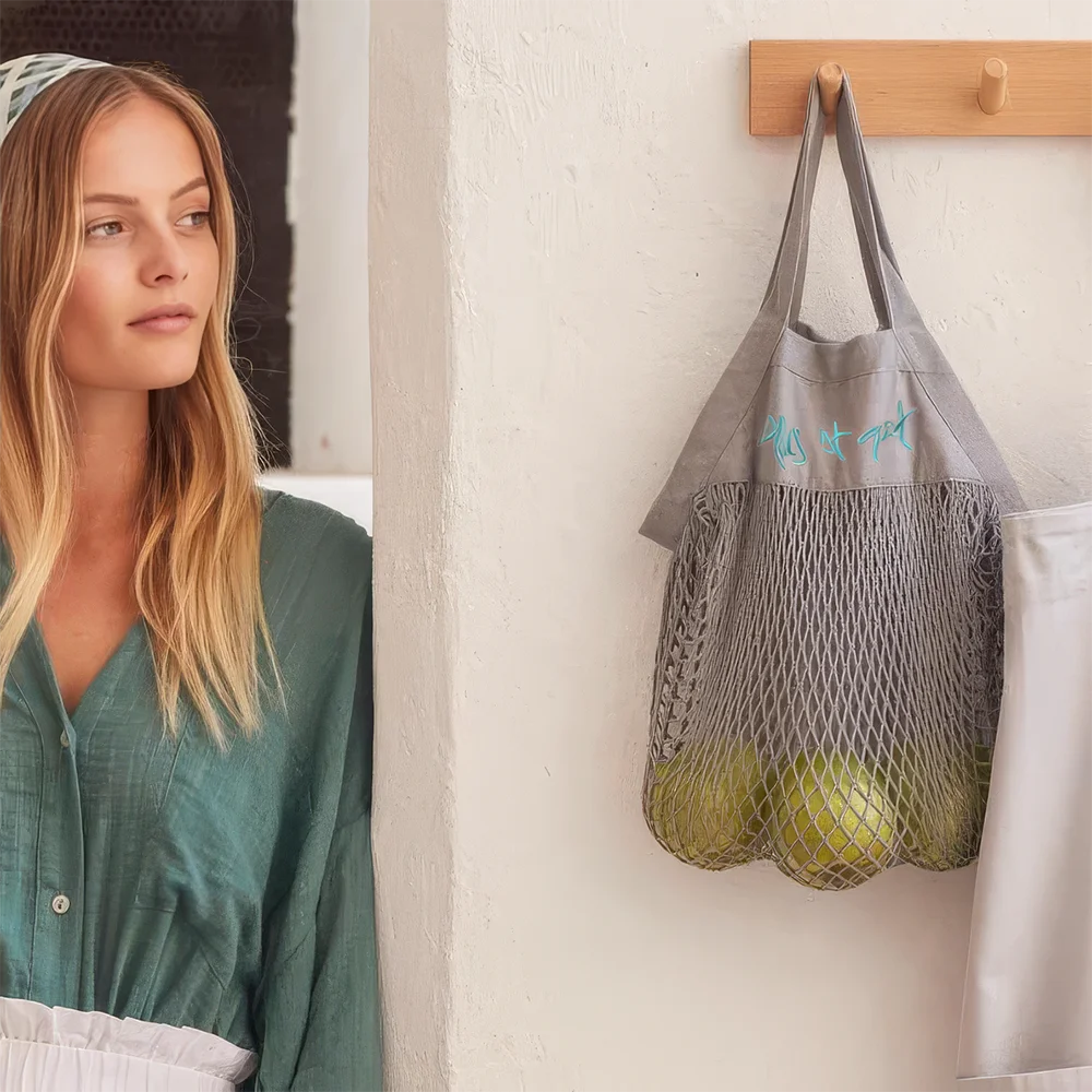 Exklusive Netztasche „Alles ist gut“ – handgefertigte Einkaufstasche aus Bio-Baumwolle, bestickt, Original von Sign by Jwala®, Limited Edition, nachhaltiges und inspirierendes Accessoire