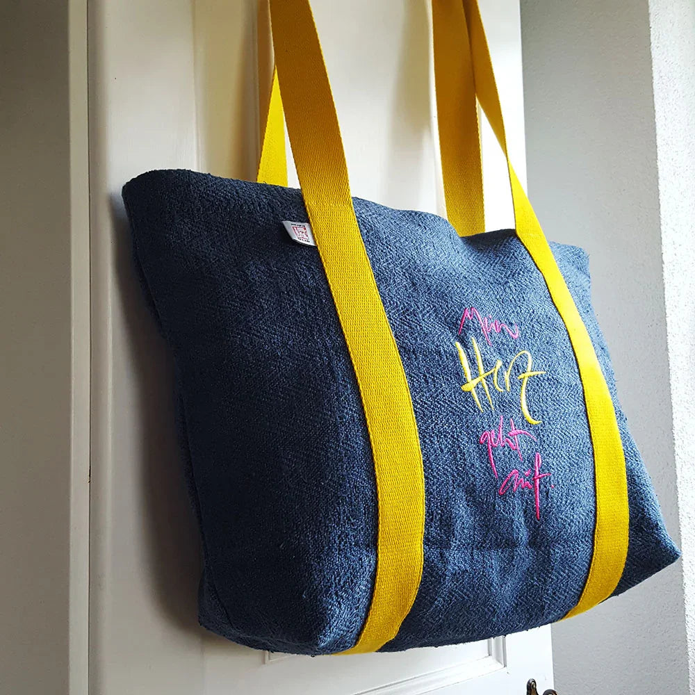 Premium Strandtasche „Mein Herz geht auf“ Bauernleinen – Sign by Jwala®, edle Handarbeit, Unikat, große Beach Bag für Strand, Freizeit und bewussten Lebensstil