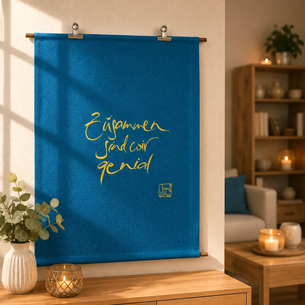 Exklusiver Haussegen „Zusammen sind wir genial“ Sonnengelb – Original von Sign by Jwala®, handgefertigter Wandteppich aus Tirol, Limited Edition, einzigartiges Geschenk für Ihr Zuhause