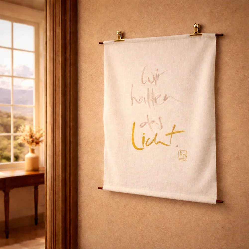 Exklusiver Haussegen „Wir halten das Licht“ – handgefertigter Wandteppich von Sign by Jwala®, Original aus Tirol, Limited Edition, spirituelle Wohnkunst